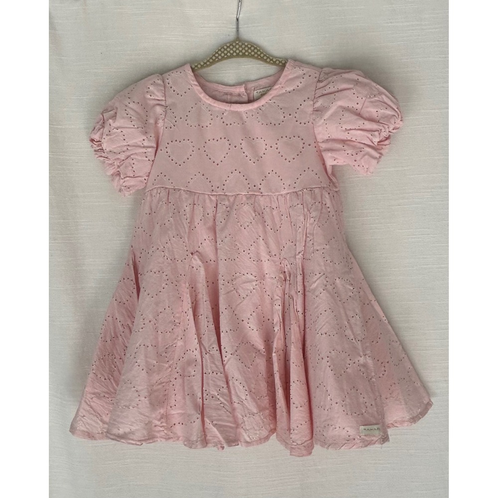 Tahari Baby Girl Pink Heart Eyelet Puff Sleeve Dress 24M Pastel Party Spring